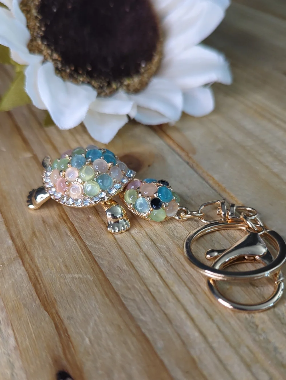 Gold-Tone Turtle Keychain with Pastel Bead Shell